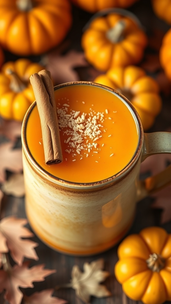 A glass of pumpkin juice with a cinnamon stick, surrounded by autumn decorations.